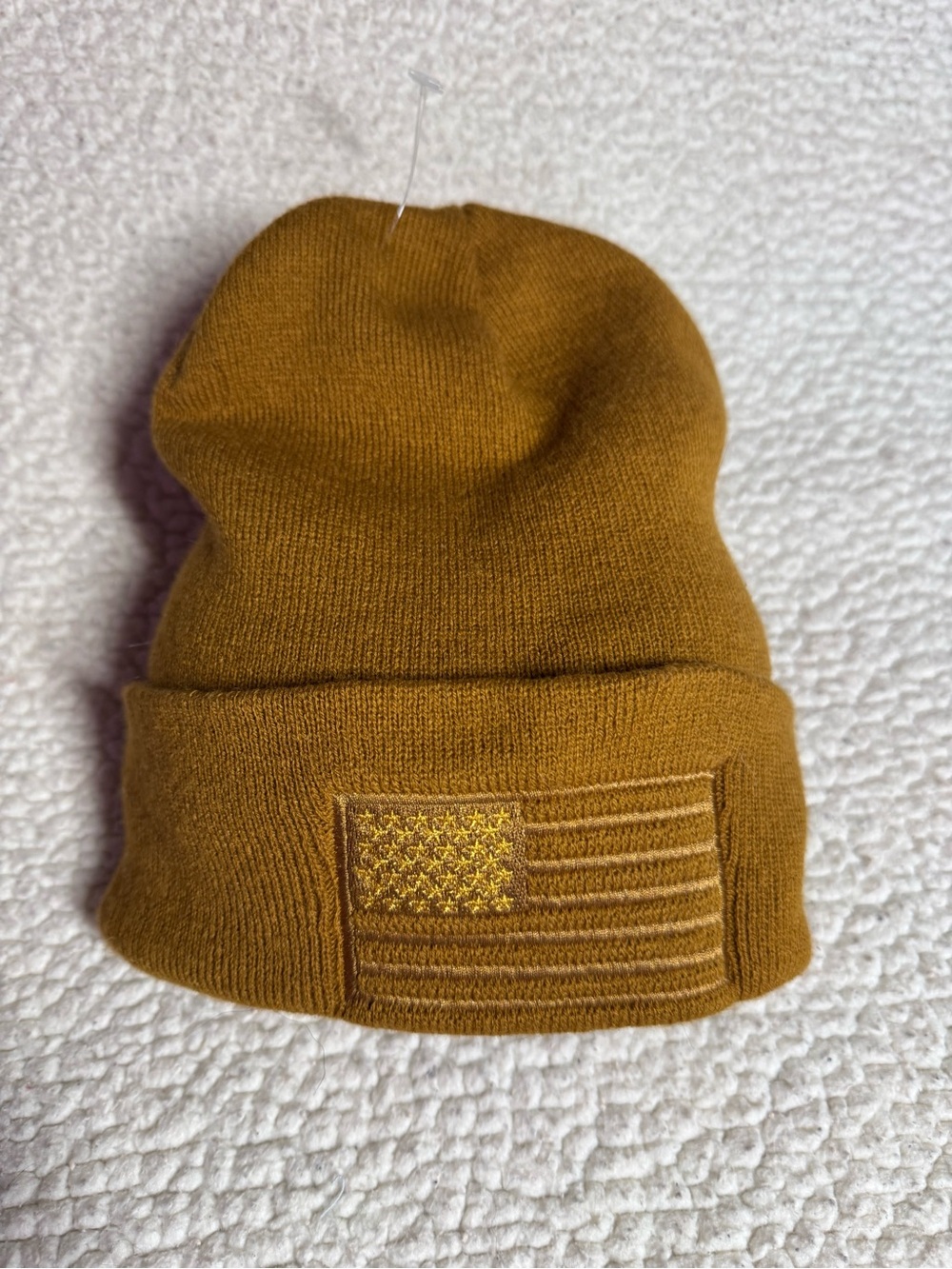 Unisex Knit Cuffed Beanie with Embroidered USA Flag - Mustard